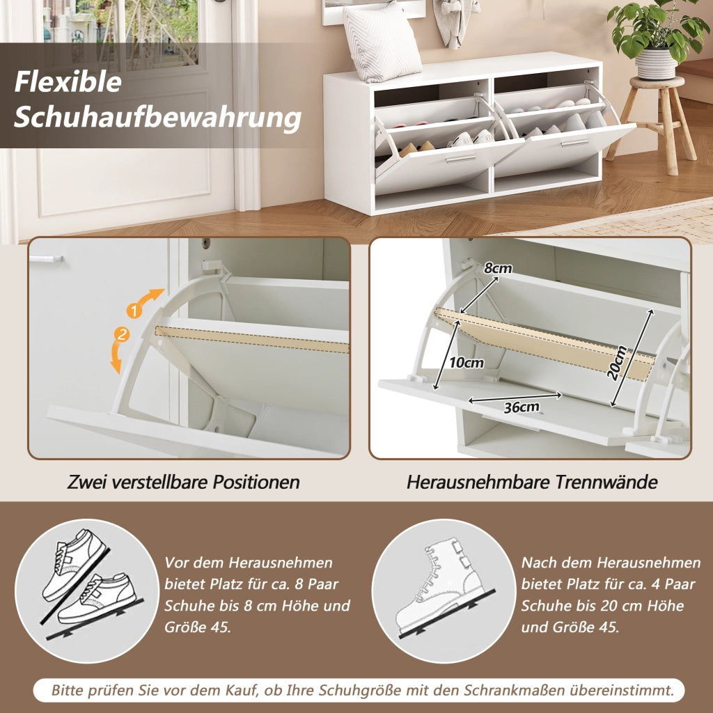 Mobili da ingresso a 4 pezzi con 2 appendiabiti, scarpiera a 2 livelli, specchio e 6 ganci, in truciolato, bianco