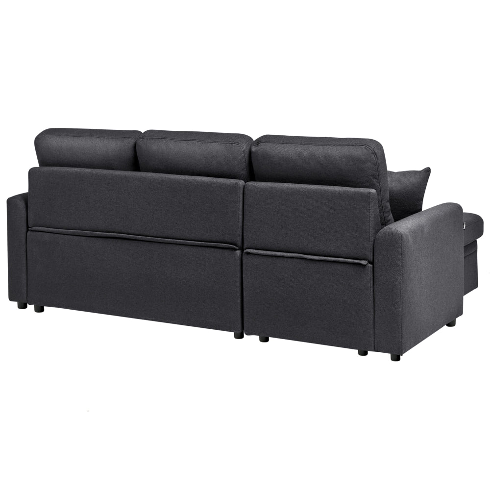 Divano letto angolare con contenitore lato destro nero rivestimento in poliestere effetto lino contenitore cuscini design moderno
