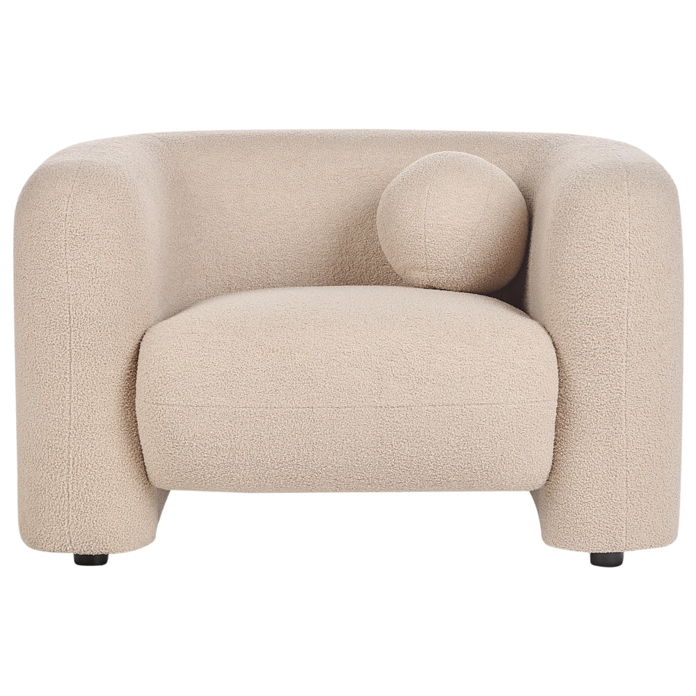Set da salotto composto da divano e poltrona in bouclè beige 4 posti con cuscini aggiuntivi stile glamour retrò soggiorno