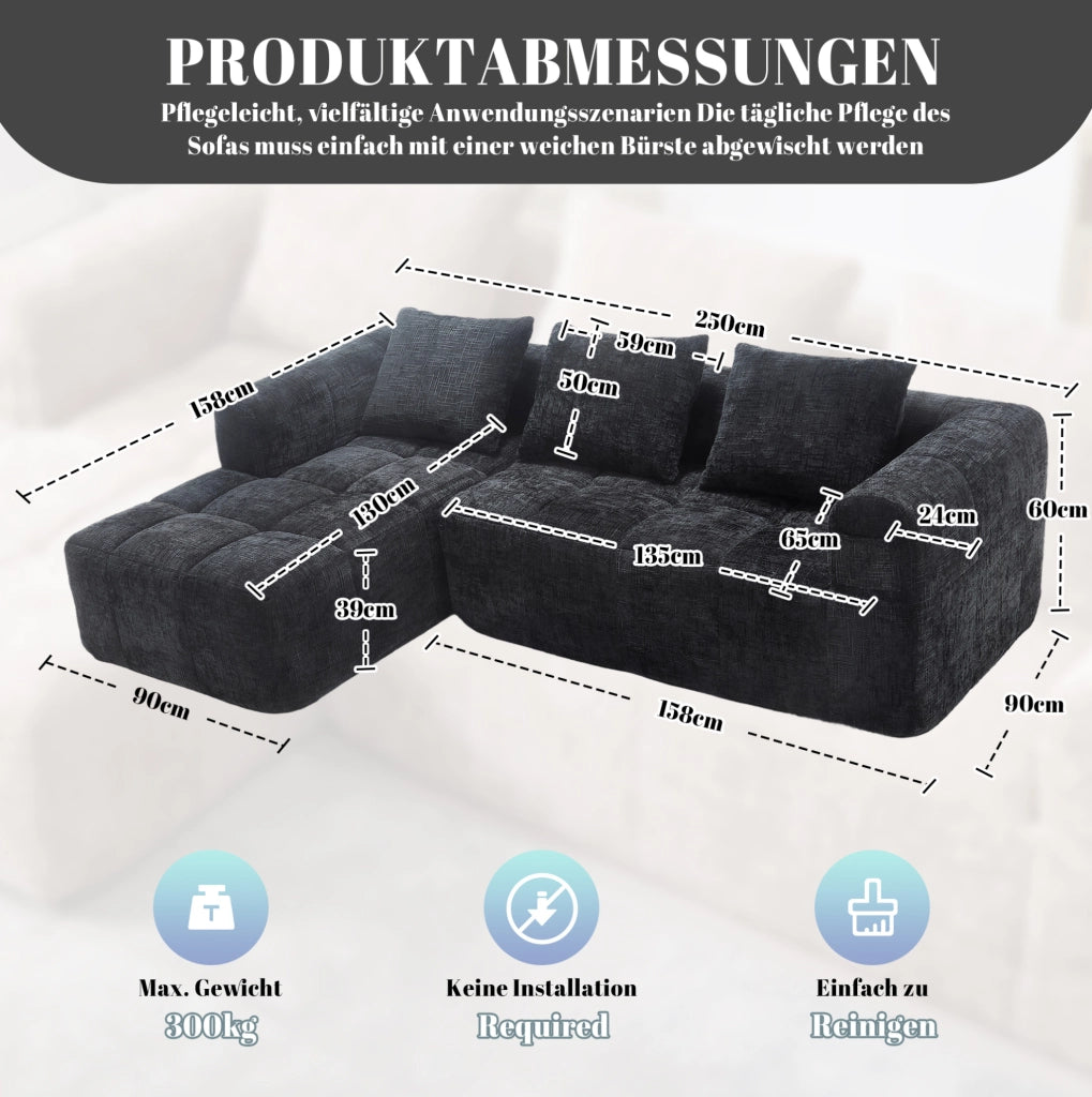 Divano modulare 3 posti con chaise longue in ciniglia nero