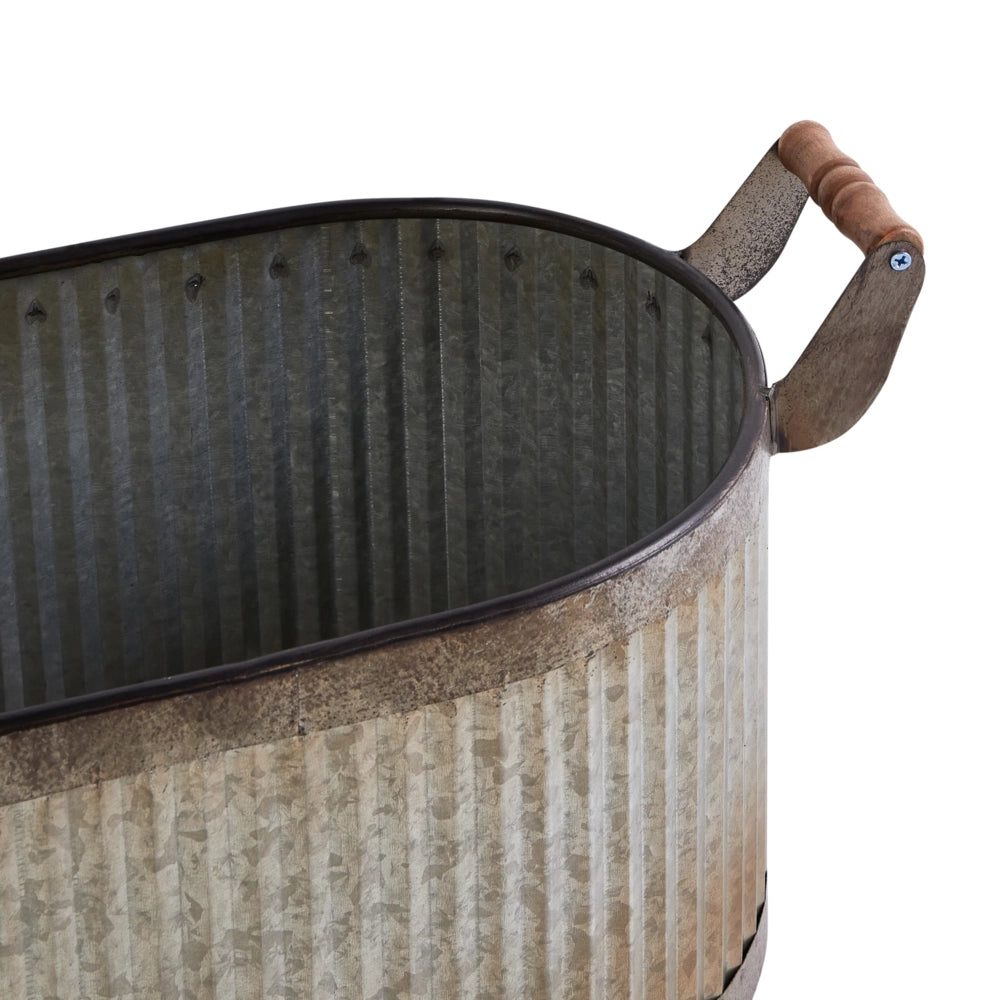Set di 2 vasi per piante Grigio Effetto Distressed Ferro Manici in legno per interni e per esterni con plastica Stile Industriale