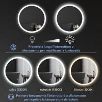 kleankin Specchio Bagno LED Antiappannamento con 3 Colori e Luminosità Regolabile, in Metallo e Vetro, Ø70x3 cm
