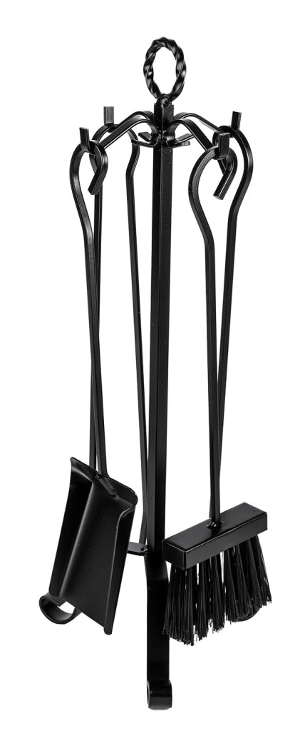 Trespolo per Attrezzi Camino Modello Basic Anello con Paletta Scopino Attizzino e Pinza 20x20x55 cm in Ferro Verniciato