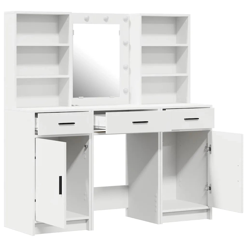 Set da Toeletta | Tavolo da Trucco con LED 3 pz Bianco Legno multistrato