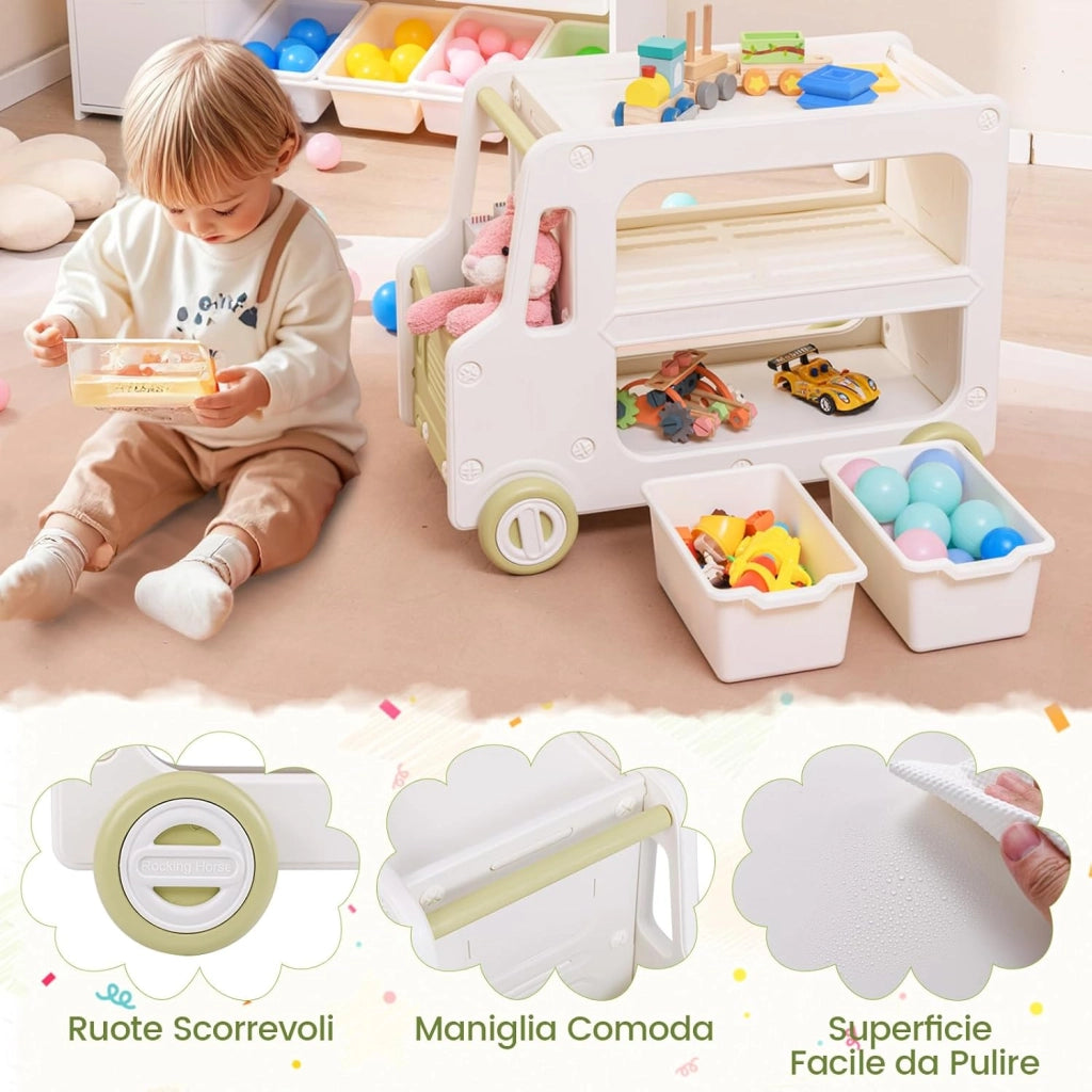 2 in 1 Organizzatore per Bambini, Armadietto Giocattoli a Forma di Auto con Struttura Sicura e 2 Cesti Portaoggetti, Scaffale Apribile a 2 Livelli, Pannello per Costruzioni