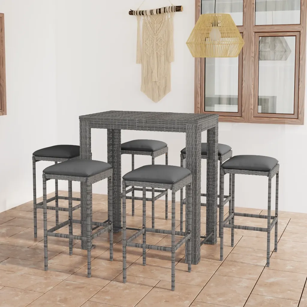 Set da Bar da Giardino 7 pz | Set Salotto da Giardino con Cuscini in Polyrattan Grigio