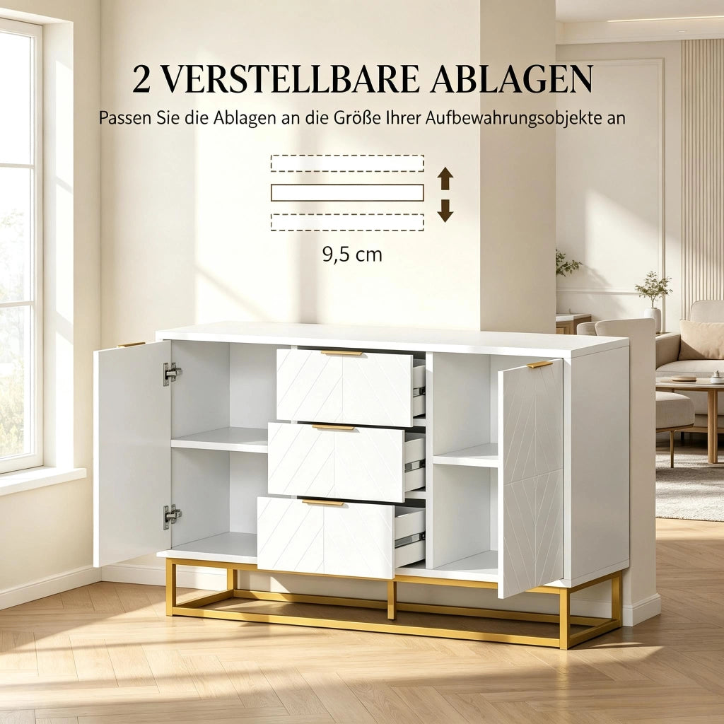 Credenza e madia con 2 ante, 3 cassetti e ripiano regolabile, per sala da pranzo, in MDF e metallo, bianco oro, 120 × 40 × 76 cm