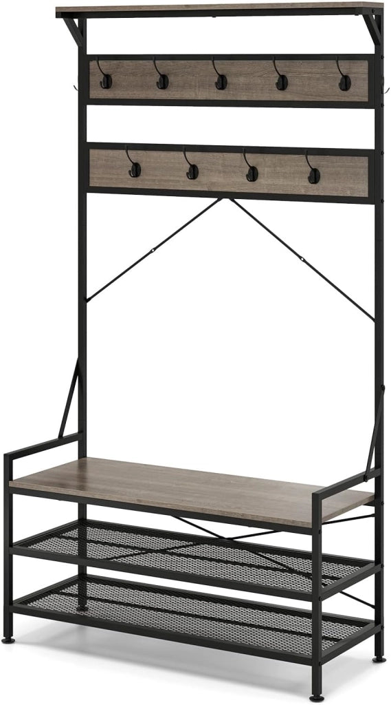 Porta Abiti 4-in-1, Albero da Ingresso Autoportante con Scaffale per Scarpe e 11 Ganci, Struttura in Metallo e Kit Antiribaltamento, Organizzatore per Soggiorno Industriale con Panca (Grigio)