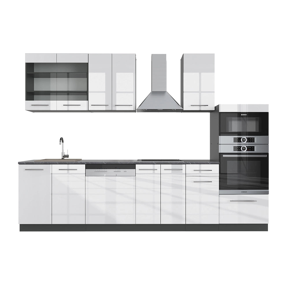 Cucina componibile Fame-Line Bianco lucido/Antracite 300 cm con armadio alto, senza piano di lavoro Vicco