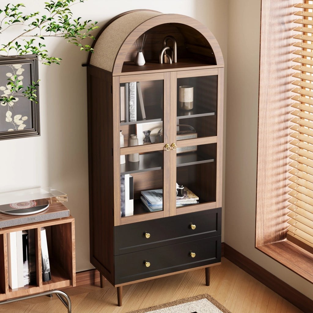 OKWISH Credenza Contenitore con Ripiani Regolabili e Anta in Vetro Rigato, Stile Retrò Moderno, MDF, Noce