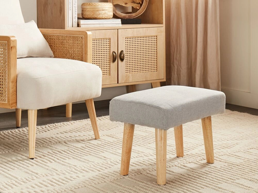 Poggiapiedi in poliestere grigio chiaro con gambe in legno Camera da letto Soggiorno Accessori per sedersi