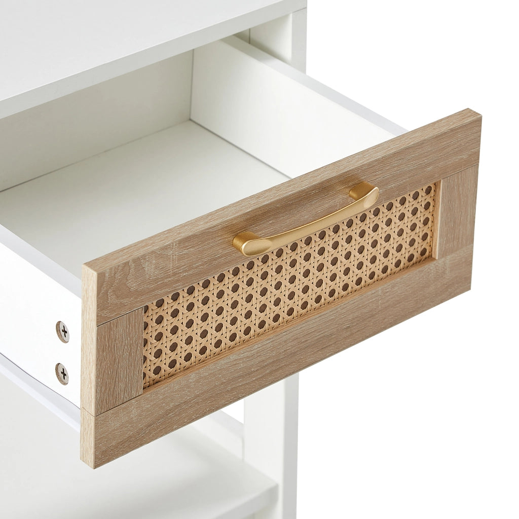 Comodino in rattan con cassetto per camera da letto e soggiorno in MDF naturale e bianco 40 × 40 × 55 cm