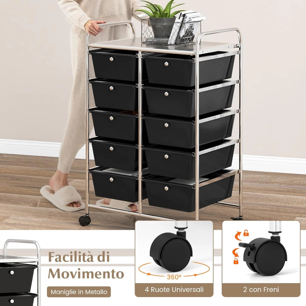 Carrello a 10 Cassetti con Ruote, di Stoccaggio con Stabilità Elevata, Multiuso per Casa Ufficio e Scuola, 65,5 x 37 x 87 cm (Nero)
