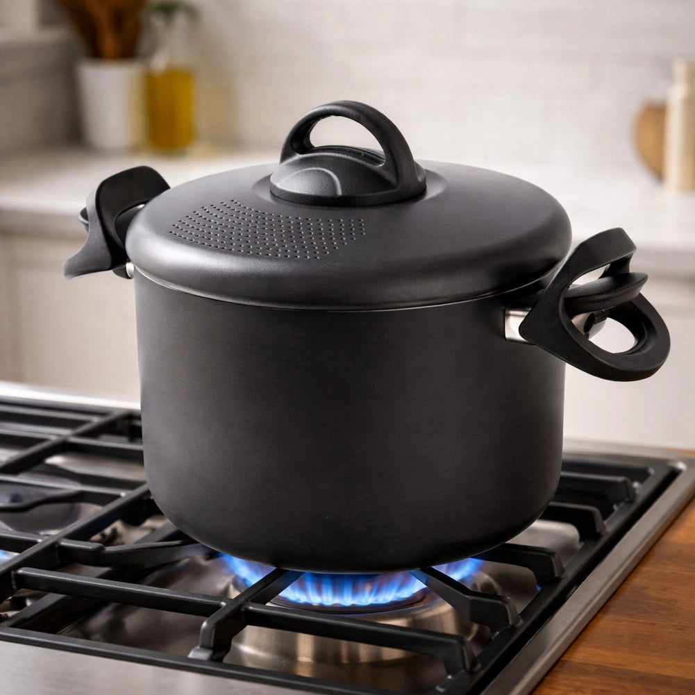 Pentola 22cm Coperchio Scolapasta Autobloccante Scolì con Maniglie Autobloccanti
