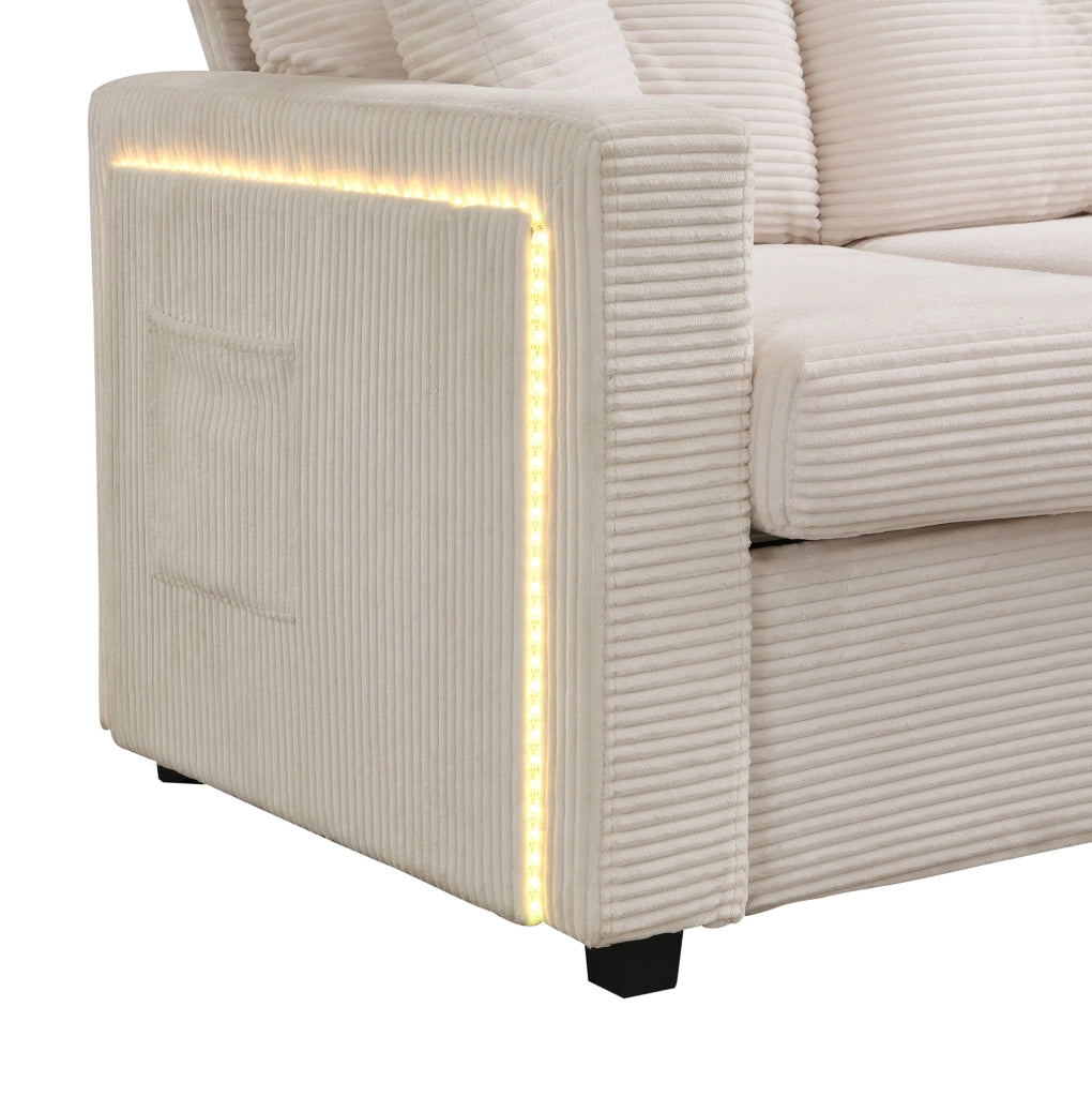 Divano angolare a L con pouf mobile e LED controllati da app; velluto a coste beige