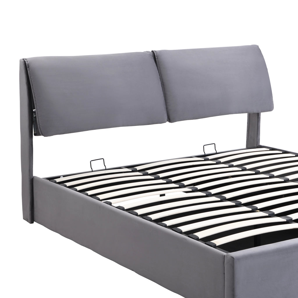 Letto imbottito 160x200 cm in velluto grigio con contenitore, 3 cassetti, testiera regolabile e rete a doghe