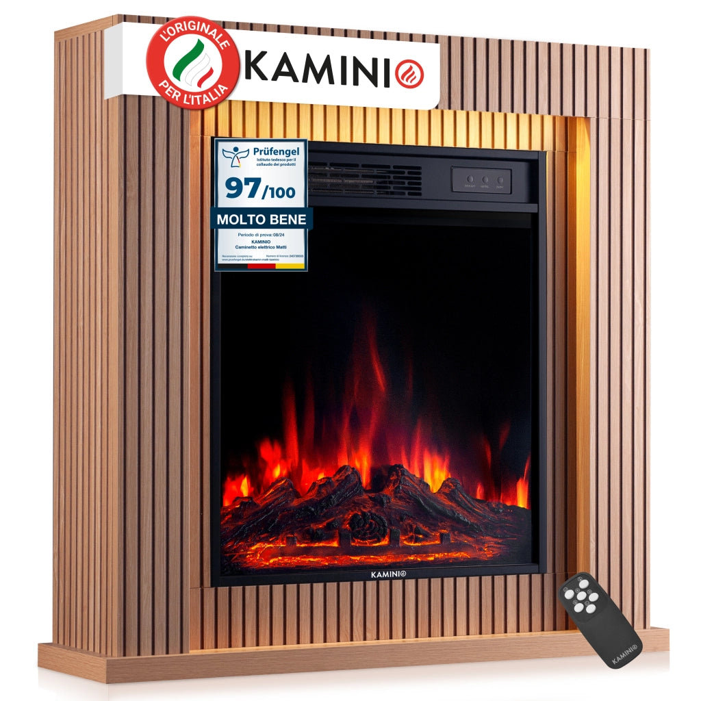 KAMINIO Camino elettrico MATTI - Caminetto da pavimento con riscaldamento, effetto fiamma 3D, luce ambiente a LED, telecomando - 32 pollici, Pannello