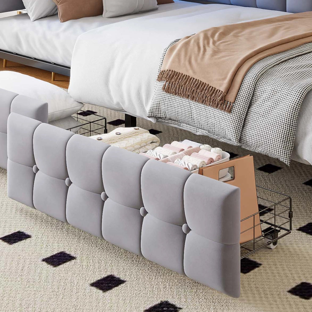 Divano letto singolo 90x200 cm con 2 cassetti; LED; USB e USB-C in velluto grigio
