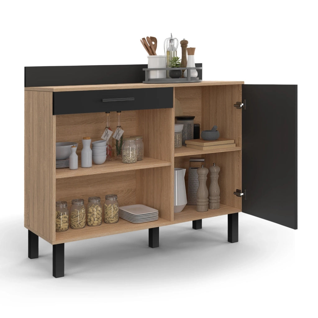IDMarket - Credenza bassa 100 CM CINA piano di lavoro H.83 cm 1 anta + 1 cassetto finitura faggio e nero