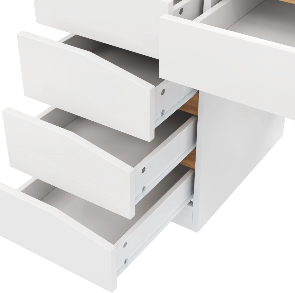 Scrivania 140x50 cm con 5 cassetti; bianco e rovere; in truciolare