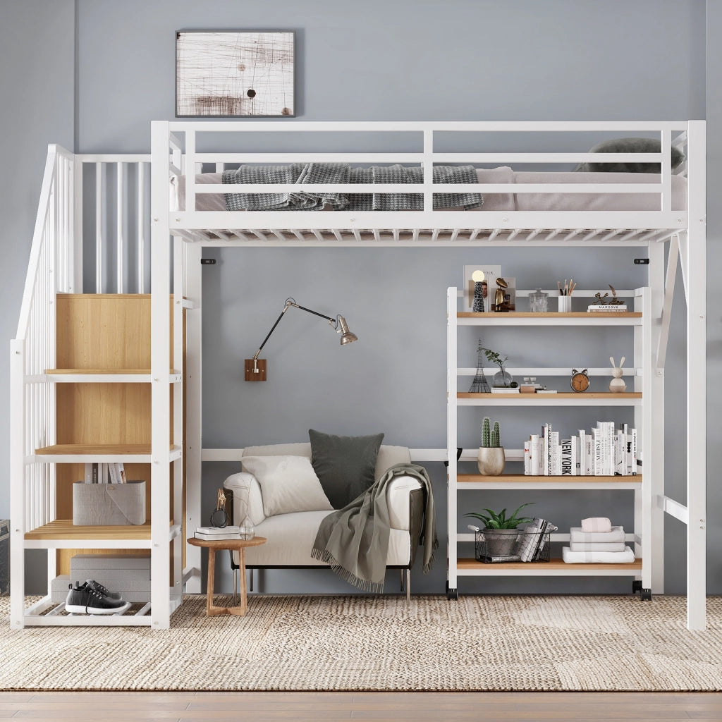 DESMIU Letto a soppalco singolo con armadio ad angolo, scaffale con ruote e barriera 90 × 200 cm, senza materasso