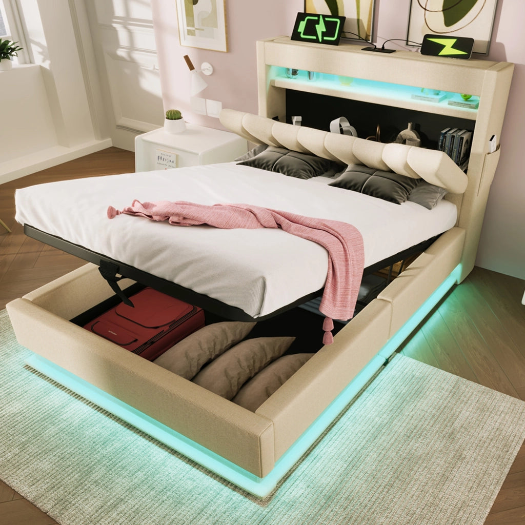 Letto singolo – 90x200 cm – USBC LED testa/piedi contenitore – lino beige