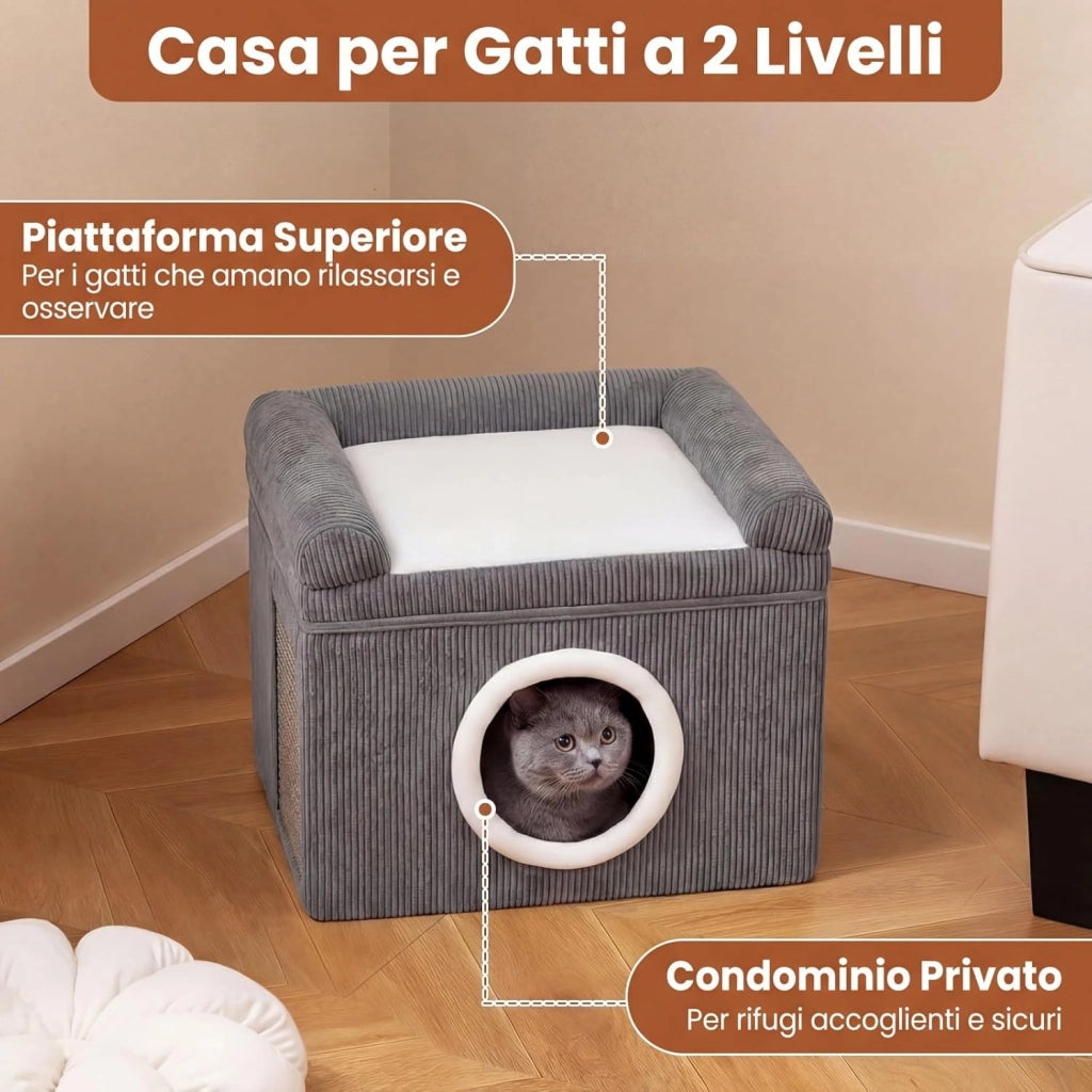 Cuccia per Gatti da Interno, Grande Casetta per Gattini a 2 Livelli con Condo Accogliente, Tappeto da Graffio in Sisal, Cuscino Morbido, Casetta Pieghevole per Animali (Grigio)