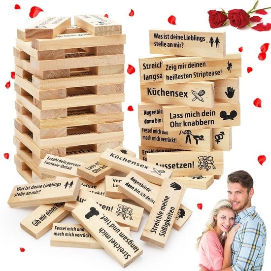 Gioco a Blocchi in Legno 48 Pezzi - Gioco di Coppie - Sfide di Gioco - Serate Emozionanti - Regole Facili - Gioco in Legno

Specifiche tecniche:
- 48 pezzi in legno
- Modello: Bloktorenspel
