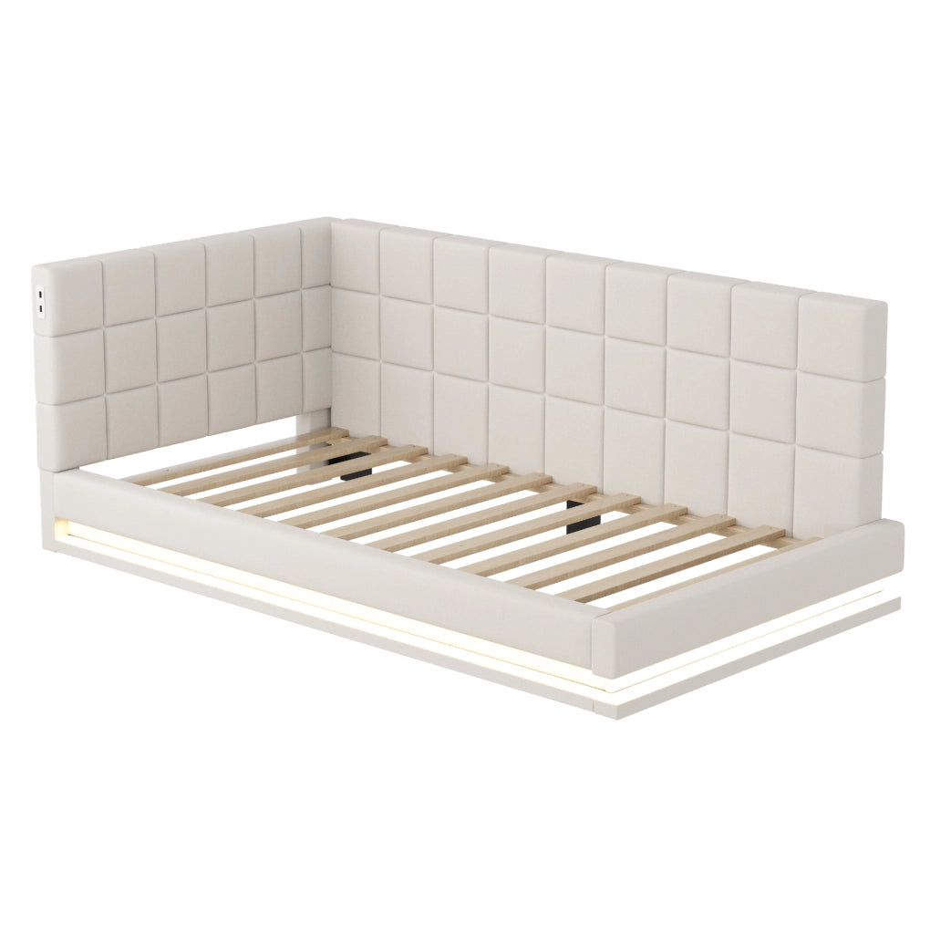 Divano letto 90x200 cm con LED; presa USB e rete a doghe in lino beige