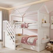 Letto a castello per bambini 90x200 cm con scale contenitore; cassetti e scaffali in pino e MDF bianco
