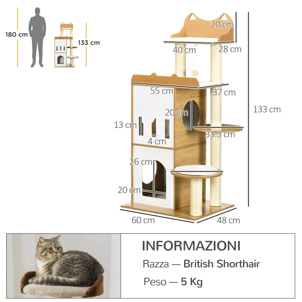 Albero per Gatti con Tiragraffi e 2 Casette ¨C zephmum ¨C 60x48x133 cm