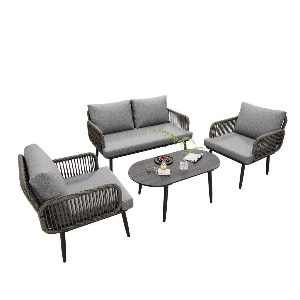 Set Salotto da Giardino con Divano 2 Posti, 2 Poltrone e Tavolino ¨C MINIMAL ¨C Polyrattan Grigio con Cuscini