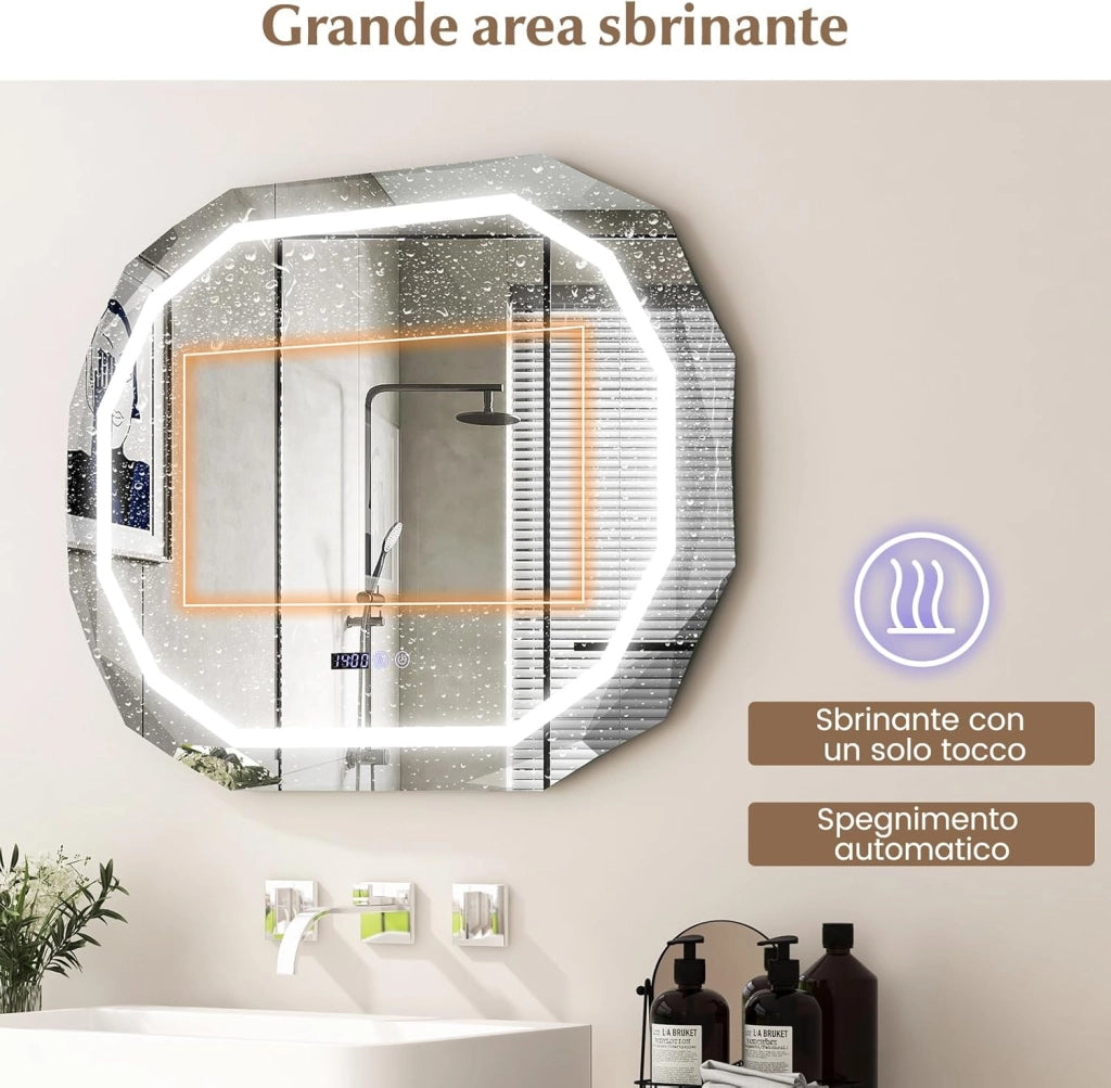 Specchio LED per Bagno 91.5 x 71cm, Specchio Antappannamento con Luce a 3 Colori, Funzione di Memoria Lettura di Tempo e Temperatura, Specchio Ellittico HD Antigraffio, IP44