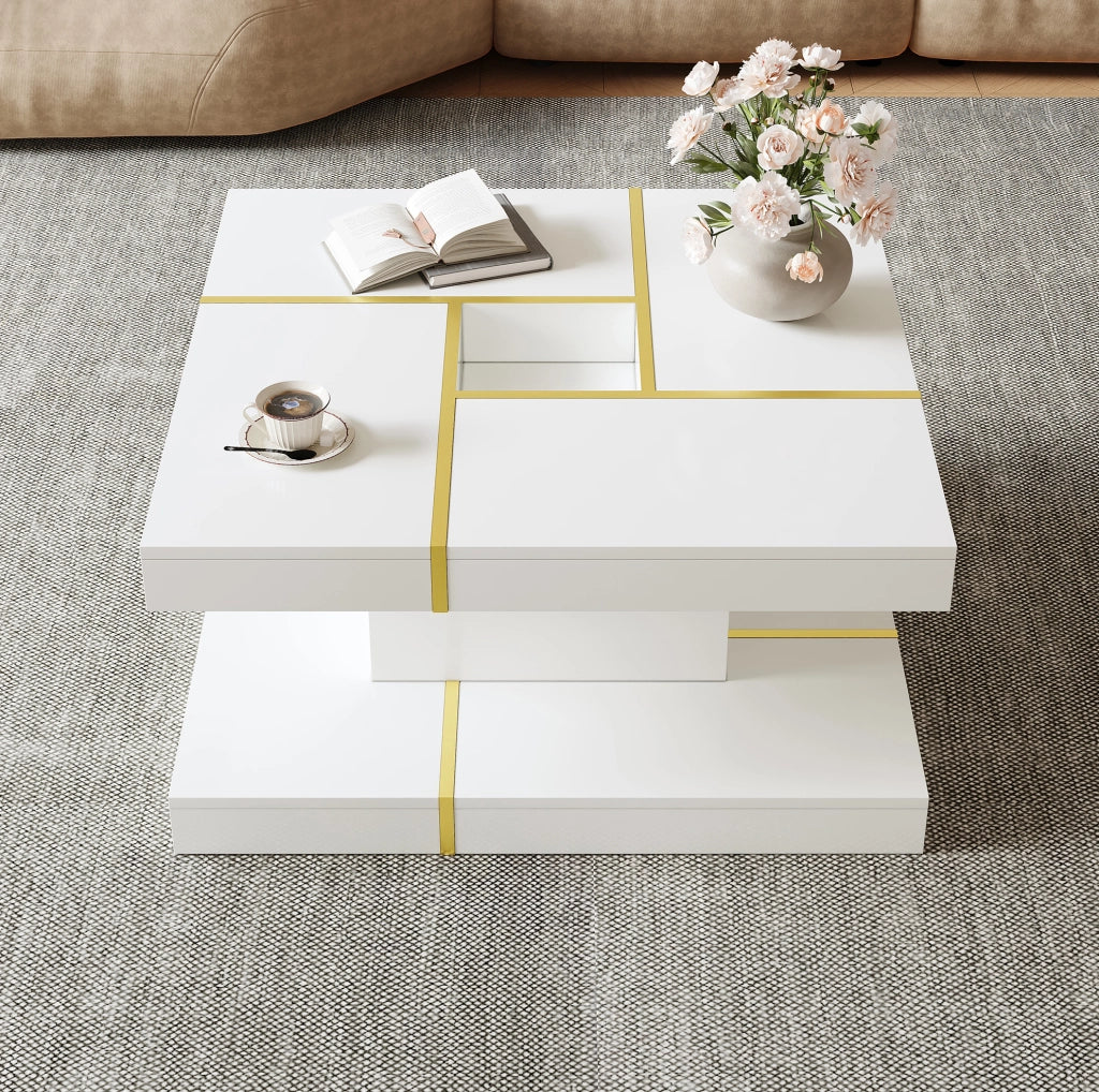 Tavolino da caffè a 2 livelli bianco 80x80 cm con dettagli dorati
