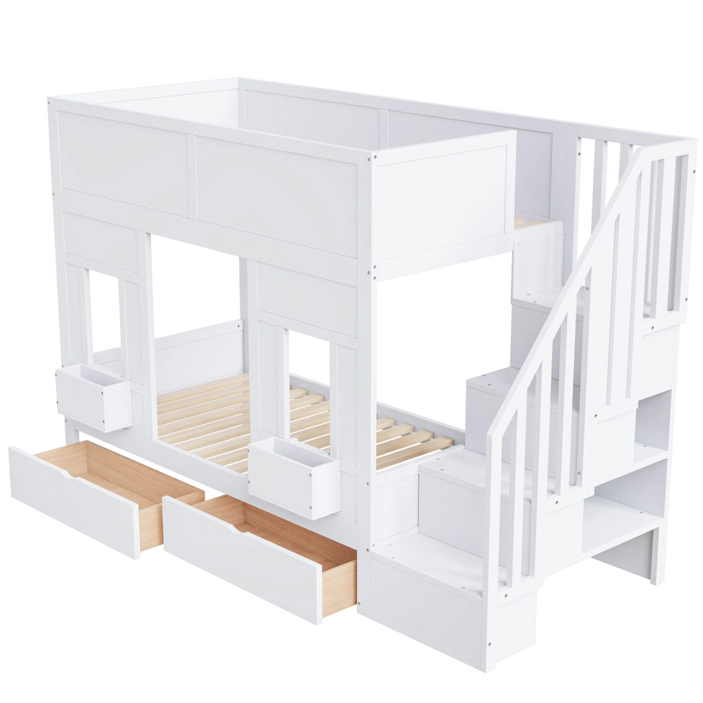Letto a castello per bambini 90x200 con scale e cassetti; letto a soppalco con finestre; legno; corrimano di sicurezza; risparmio spazio per i bambini