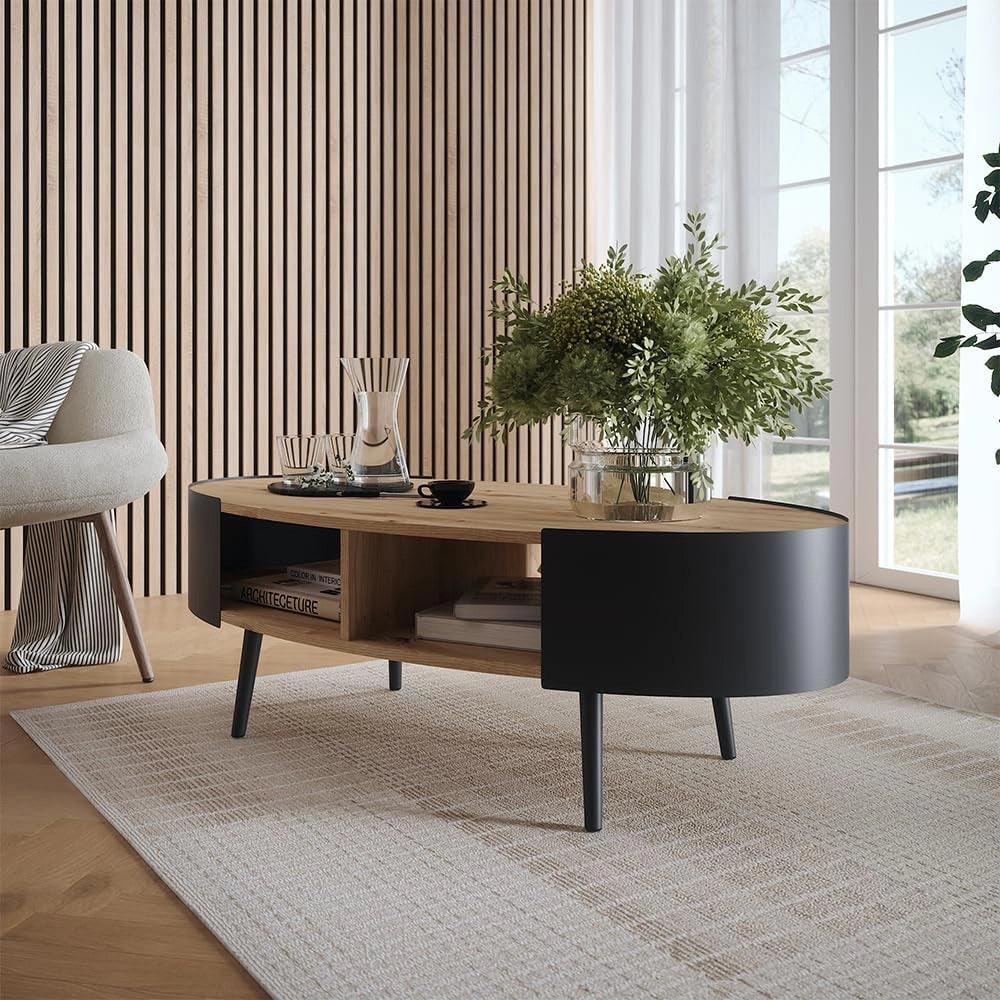 Tavolino Lofta, Nero, 120 x 60 cm, con ripiano per riviste e telecomandi