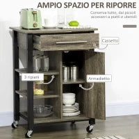 Carrello da Cucina Portavivande con Cassetto, Mensole, Armadietto e 4 Ruote, Legno Truciolare, 60x50x84.5cm, Quercia