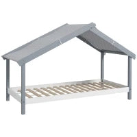 Letto a Casetta in Legno di Pino a 15 Doghe con Tetto Stellato in Tessuto, 213x100x140 cm, Grigio