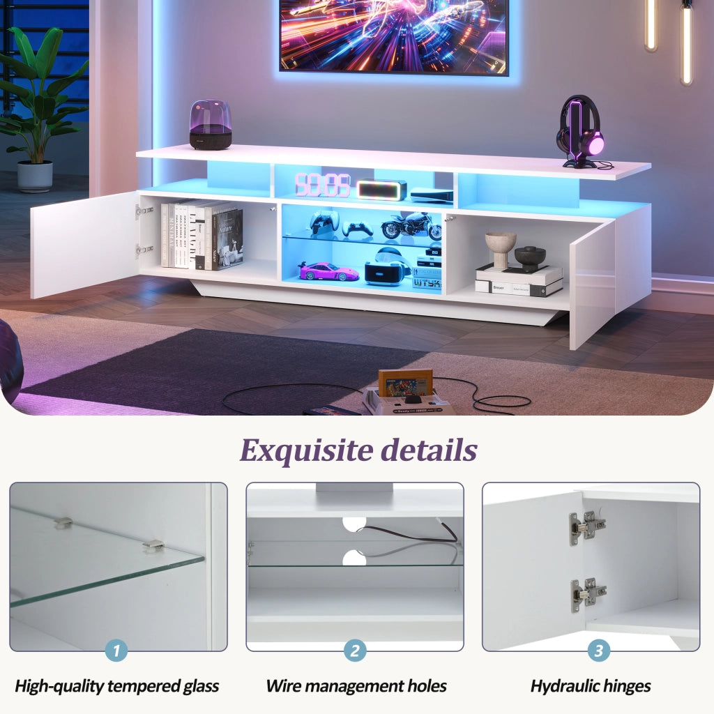 Mobile porta TV con 2 armadietti, LED controllato da app, ripiani in vetro temperato, MDF bianco 160 × 40 × 45 cm