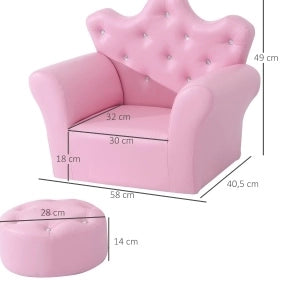 Poltroncina per bambini rosa con pouf e finitura capitonné