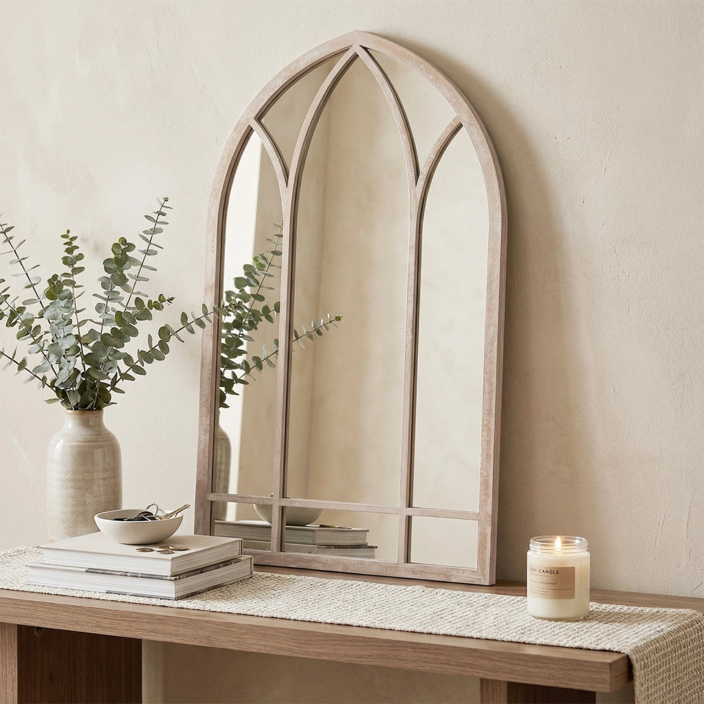 Specchio a finestra in stile rustico con cornice metallica e antideflagrante, Specchio decorativo ad arco per soggiorno ingresso camino giardino 83 x 48 x 2 cm