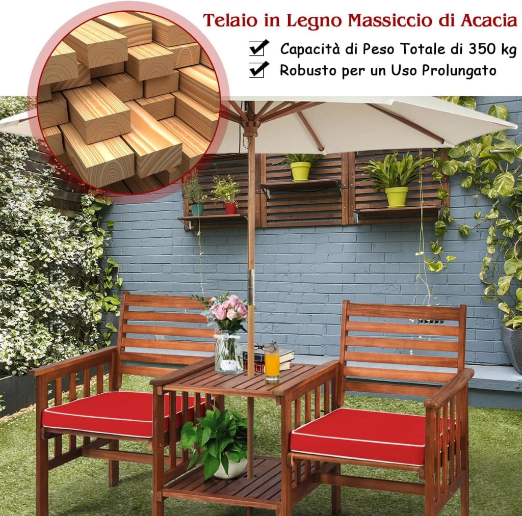Set Tavolo e Sedia da Giardino con Foro per Ombrello, Set di Mobili a 2 Posti da Esterno in Legno di Acacia con Cuscini, per Giardino, Cortile e Bordo della Piscina (Rosso)