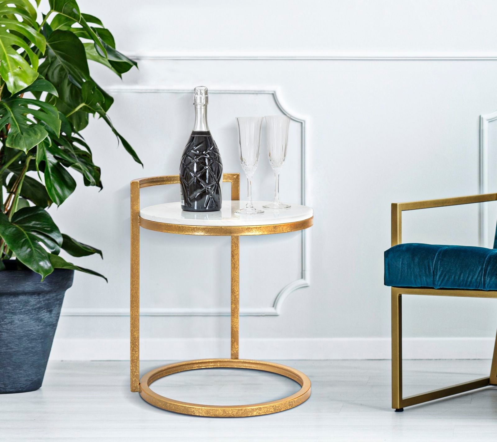 Tavolinetto Round Marble 40x43x50 cm in Ferro e Marmo Oro e Bianco