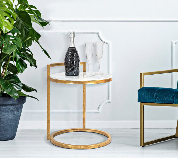 Tavolinetto Round Marble 40x43x50 cm in Ferro e Marmo Oro e Bianco