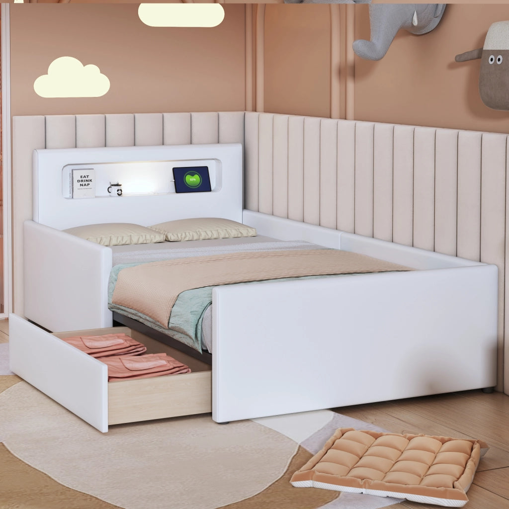 Letto per Bambini Letto Singolo 90 x 200 cm con USB; Luce Notturna e Cassetto; senza Materasso; Bianco