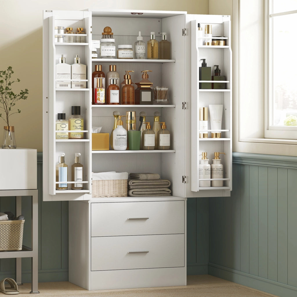 Credenza da Cucina 60x40x159 cm con Armadietto con 8 Ripiani Portaspezie e 2 Cassetti Bianco