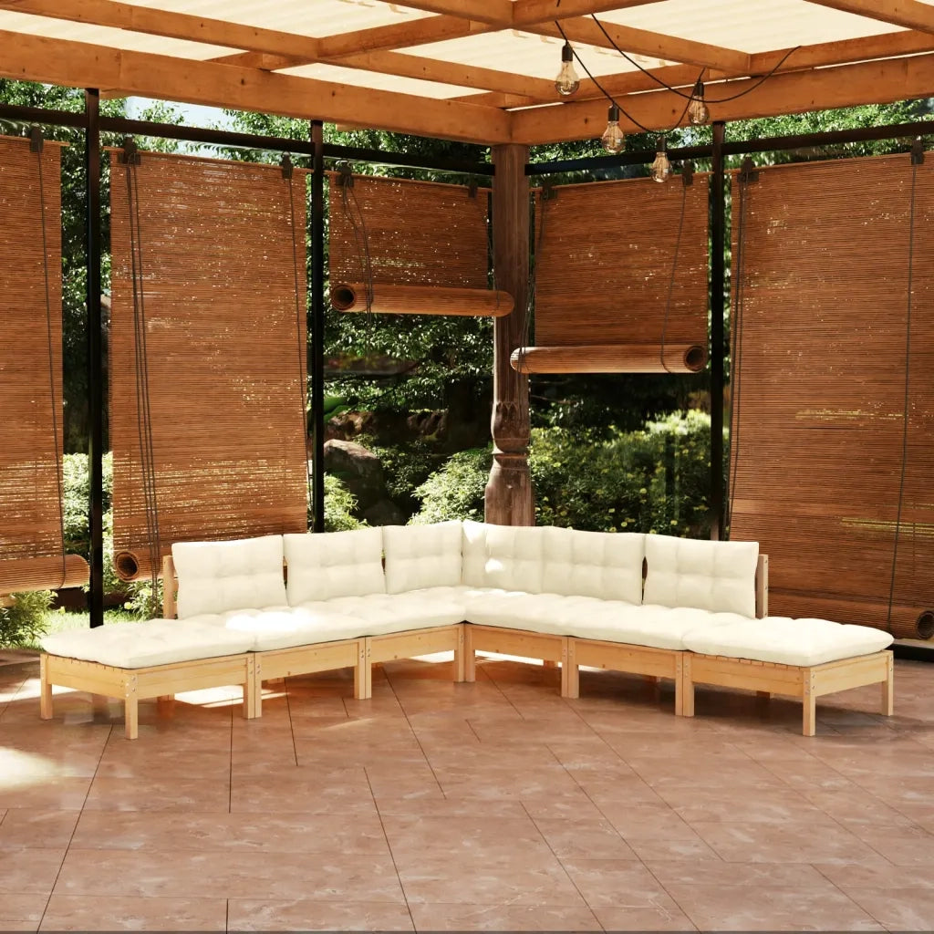 Set Salotto da Giardino 7pz con Cuscini Crema in Legno di Pino 3096322