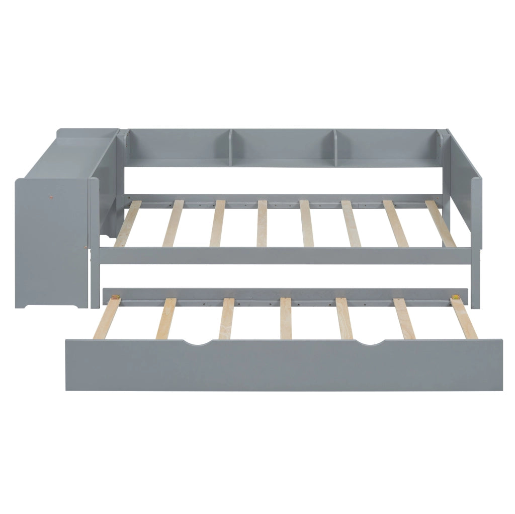 Letto per bambini 90x200 cm con letto estraibile; scrivania e ripiani laterali in legno e MDF grigio