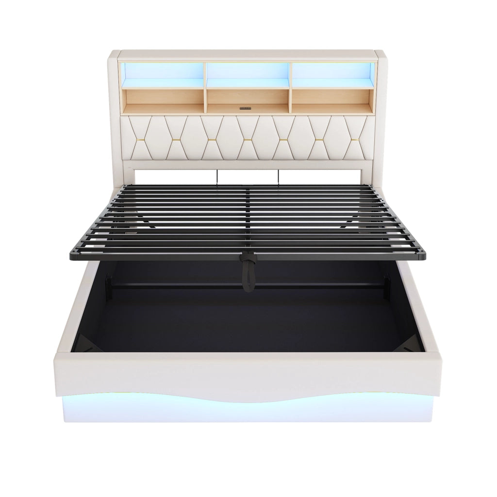 DESMIU Letto contenitore 180 × 200 cm 2 posti con LED, USB, vano contenitore idraulico e ripiano, senza materasso, beige