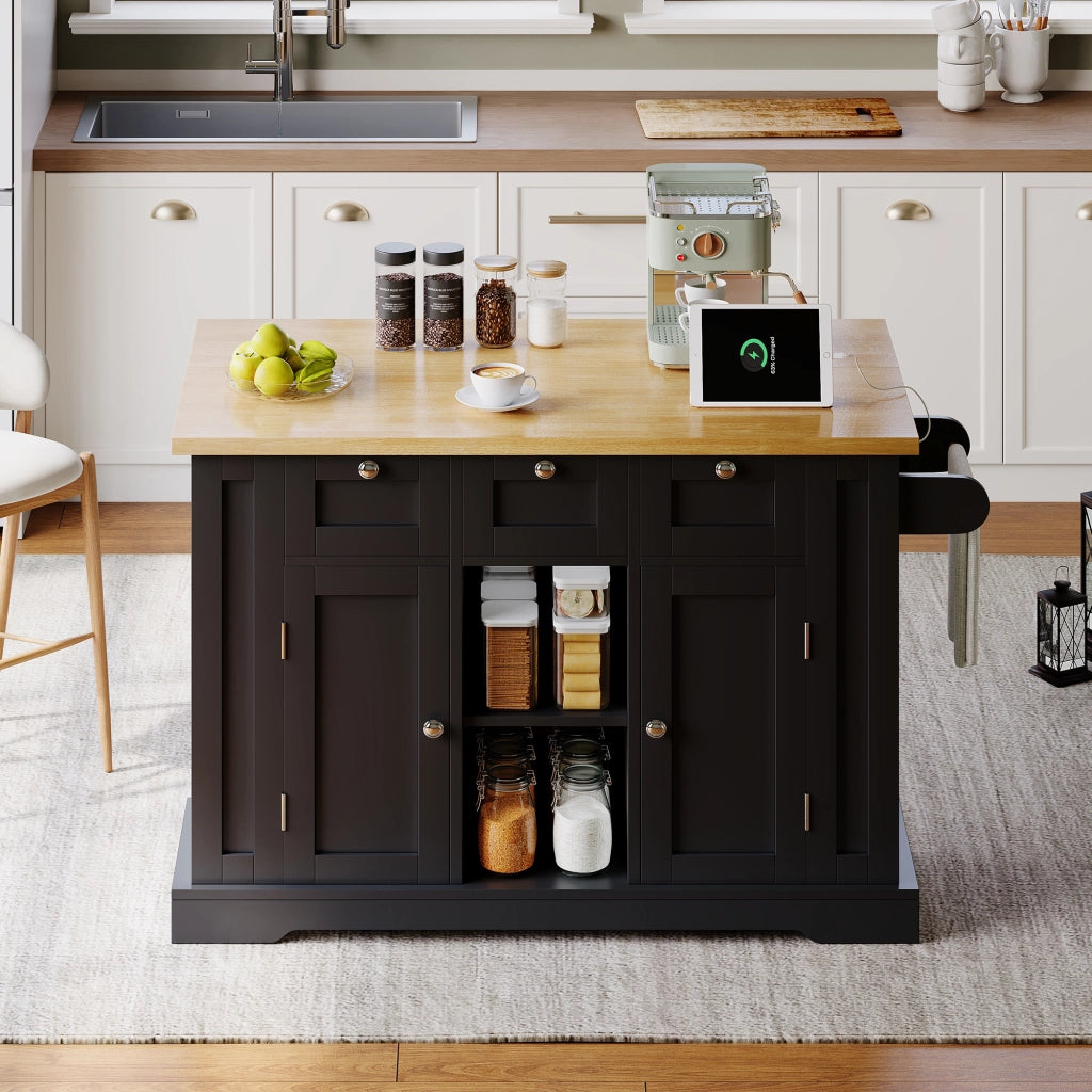 Carrello da cucina con piano ribaltabile e ruote, 3 cassetti, 2 vani con ante, per cucina, in MDF, natural e nero